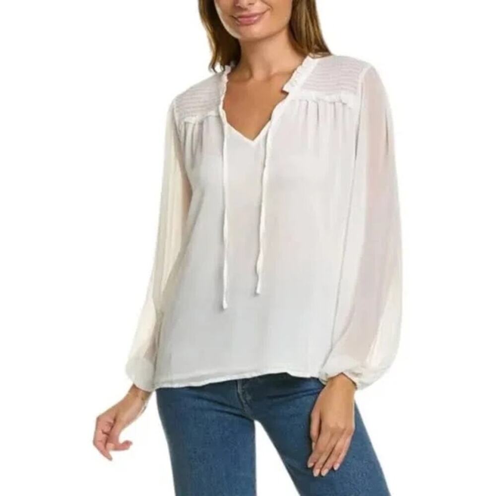NWOT Laundry by Shelli Segal Women's Small White Blouse Smocked Tie-Neck